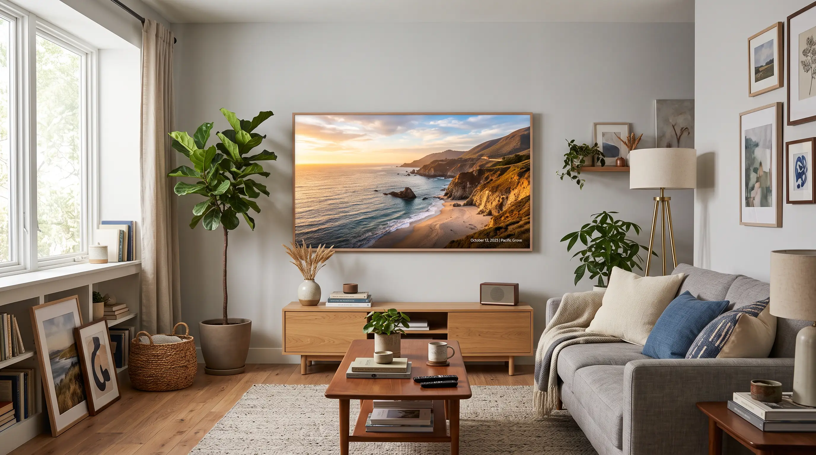A wall-mounted screen in a living room showing a full-screen coastline photograph